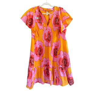 Uncle Frank Women's Tiered Dress XL Pink Floral Cotton Flutter Sleeve Pintuck